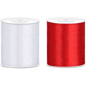 2x rollen satijnlint rood-wit 10 cm x 25 meter - Hobby cadeaulint sierlint