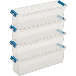 5x Sunware Q-Line opberg boxen/opbergdozen 1,3 liter 27 x 8,4 x 9 cm kunststof - Langwerpige/smalle opslagbox - Opbergbak kunststof transparant/blauw