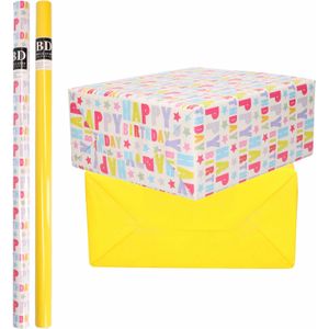 4x Rollen kraft inpakpapier happy birthday pakket - geel 200 x 70 cm - cadeau/verzendpapier