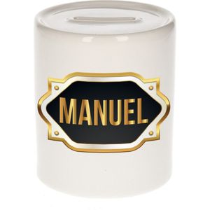 Manuel naam cadeau spaarpot met gouden embleem - kado verjaardag/ vaderdag/ pensioen/ geslaagd/ bedankt