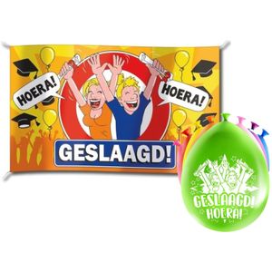 Paperdreams Geslaagd thema party versiering set Hoera - Grote vlag en 16x ballonnen