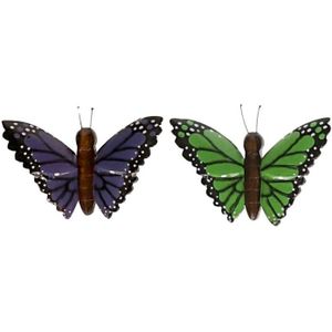 2x Houten dieren magneten groene en paarse vlinder