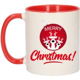 2x stuks kerstcadeau kinder kerstmokken Merry Christmas kerstbal met rendieren - rood / wit - 300 ml - keramiek - mokken / bekers - Kerstmis