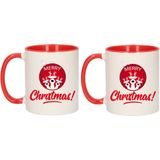 2x stuks kerstcadeau kinder kerstmokken Merry Christmas kerstbal met rendieren - rood / wit - 300 ml - keramiek - mokken / bekers - Kerstmis