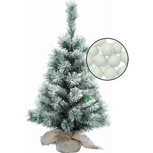 Kleine kunst kerstboomp met sneeuw -incl. lichtslinger bollen lichtgroen - H60 cm