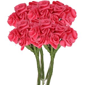 Rayher Decoratie roosjes satijn - 6x - bosje van 12 - fuchsia roze - 12 cm - hobby/DIY bloemetjes