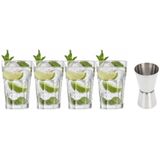 4x Cocktailglazen / Mojito glazen transparant 410 ml - Met RVS maatbeker / barmaatje 2-in-1 15/30 ml