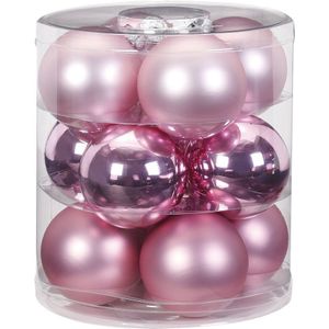 24x stuks glazen kerstballen roze 8 cm glans en mat - Kerstboomversiering/kerstversiering