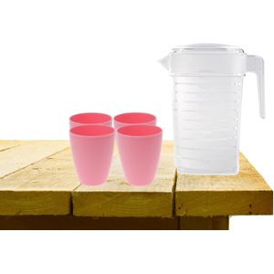 Set van 1x waterkan met deksel 1L met 4x drinkbekers kunststof roze