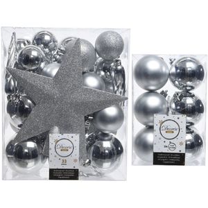 Kerstversiering kunststof kerstballen zilver 5-6-8 cm pakket van 45x stuks - Met kunststof ster piek van 19 cm
