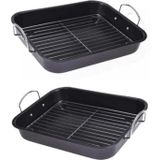 2x stuks zwarte anti-aanbak braadslee met rooster - Non stick zwarte ovenschaal met rooster - keukenaccessoires anti aanbak