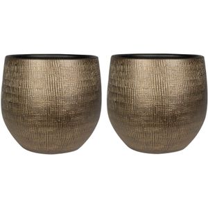 2x Stuks Plantenpotten/Bloempotten In Een Strakke Modern Design Look Metal Goud Dia 36 cm en Hoogte