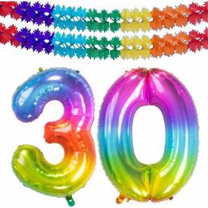 Folat folie ballonnen - Leeftijd cijfer 30 - glimmend multi-kleuren - 86 cm - en 2x slingers
