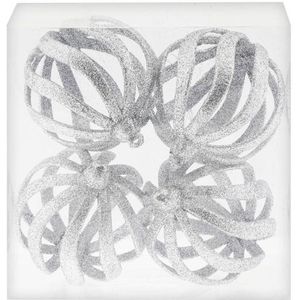 4x Zilveren open draad kerstballen met glitters kunststof 8 cm - Zilveren kerstboomversiering kerstballen
