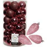 Kerstballen en dennenappel ornamenten - 43x stuks - kunststof - lippenstift roze