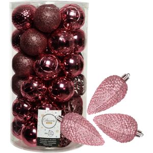 Kerstballen en dennenappel ornamenten - 43x stuks - kunststof - lippenstift roze