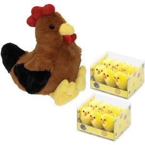 Pluche bruine kippen/hanen knuffel van 25 cm met 12x stuks mini kuikentjes - Paas/Pasen decoratie