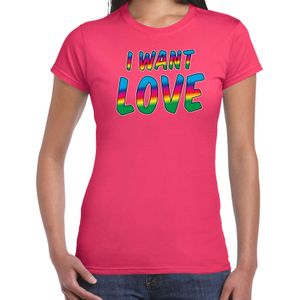 Bellatio Decorations Gay Pride t-shirt met tekst - dames - roze - I want love - LHBTI/LHBTIQ