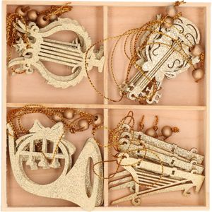 16x Houten kersthangers muziekinstrumenten ornamenten goud 6-7 cm - Kerstboomversiering kerstornamenten van hout