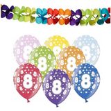 Partydeco 8e jaar verjaardag feestversiering set - 12x ballonnen en 2x feestslingers
