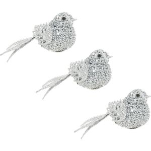 6x stuks decoratie vogels op clip glitter zilver 12 cm - Decoratievogeltjes/kerstboomversiering/bruiloftversiering