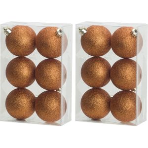 24x stuks kunststof glitter kerstballen oranje 6 cm - Onbreekbare kerstballen - Kerstversiering