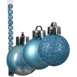 Decoris Kleine kerstballen - 14x - 3 cm - kunststof - ijs blauw