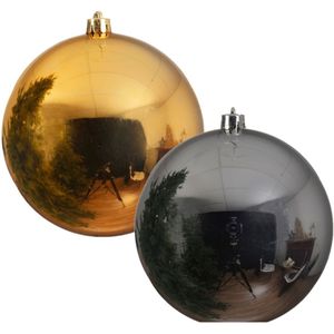 2x stuks grote kerstballen van 20 cm glans van kunststof goud en zilver - Kerstversiering