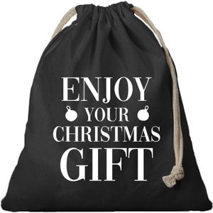 6x Kerst Enjoy your Chrismas gift cadeauzakje zwart met sluitkoord - katoenen / jute zak - Kerst cadeauverpakking zakjes