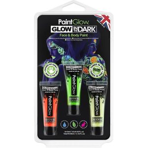 PaintGlow Face/Body paint set - roze/groen/oranje - 3x13 ml - neon/glow in the dark - waterbasis