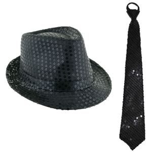 Carnaval verkleed setje - glitter hoedje en stropdas - zwart - volwassenen - met pailletten