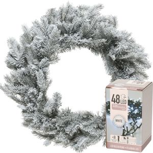 Decoris Kerstkrans - groen met sneeuw - D50 cm - incl. verlichting helder wit