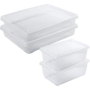 4x Voorraad/vershoudbakjes hoog/diep 0,5  en laag 1,5 liter transparant plastic/kunststof - 15 x 10 x 6 cm - 24 x 20 x 5 cm