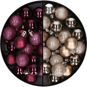 40x stuks kleine plastic kerstballen champagne en aubergine paars 3 cm - Voor kleine kerstbomen