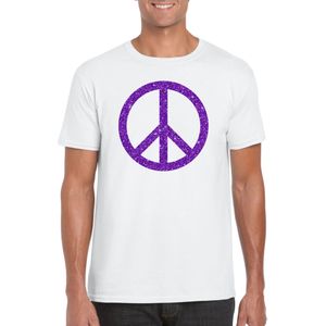 Toppers in concert Wit Flower Power t-shirt paarse glitter peace teken heren - Sixties/jaren 60 kleding