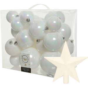 Kerstversiering kunststof kerstballen parelmoer wit 6-8-10 cm pakket van 27x stuks - Met kunststof ster piek van 19 cm