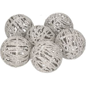 24x Rotan kerstballen zilver met glitters 5 cm - kerstboomversiering - Kerstversiering/kerstdecoratie zilver