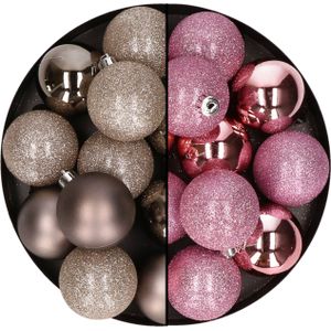 24x stuks kunststof kerstballen mix van champagne en roze 6 cm - Kerstversiering