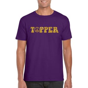 Toppers Paars Flower Power t-shirt Topper met gouden letters heren - Sixties/jaren 60 kleding