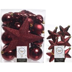 Kerstversiering kunststof kerstballen en hangers donkerrood 5-6-8 cm pakket van 39x stuks - Met ster vorm piek van 19 cm