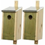 Set van 2 houten vogelhuisjes/nestkastjes met lichtgroene voorzijde en metalen dakje 26 cm - Vogelhuisjes tuindecoraties