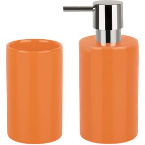 Spirella Badkamer accessoires set - zeeppompje/beker - porselein - oranje - Luxe uitstraling