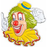 Carnaval/party decoratie bord  - 2x - Clown hoofd gele hoed - wand/muur versiering - 50 x 50 cm - plastic