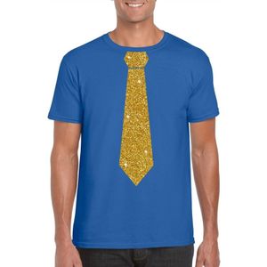 Blauw fun t-shirt met stropdas in glitter goud heren