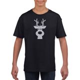 Rendier hoofd Kerst t-shirt - zwart met zilveren glitter bedrukking - kinderen - Kerstkleding / Kerst outfit