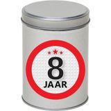 Cadeau/kado zilver rond blik 8 jaar 13 cm - Snoepblikken - Cadeauverpakking voor verjaardag