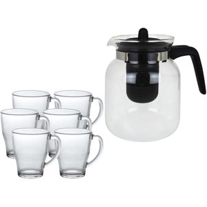 Glazen theepot met filter/infuser van 1,5 liter met 6x stuks theeglazen van 350 ml