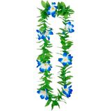 Carnaval verkleed set - Tropische Hawaii party - stro hoed blauw - met bloemenslinger groen/blauw - volwassenen