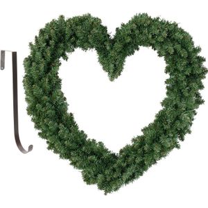 Kerstkrans - hart vorm - groen - 50 cm- kunststof - incl. deurhanger