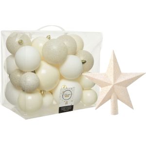 Kunststof kerstballen - 26x stuks - 6, 8 en 10 cm - incl. ster piek - wol wit